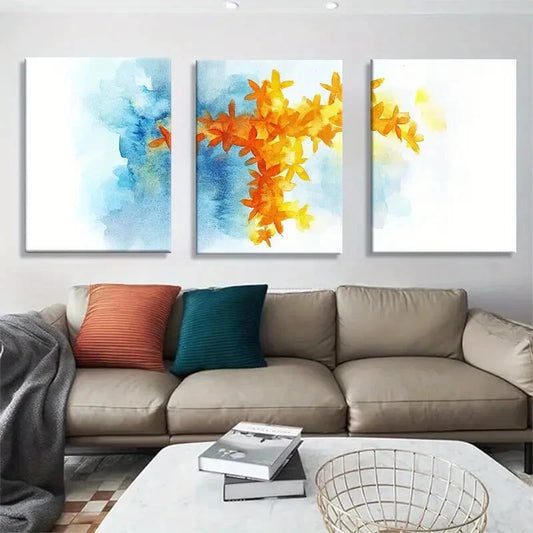 3pcs Orange &BlueModern Abstract Watercolor Floral Metal Print Ready to Hang Art