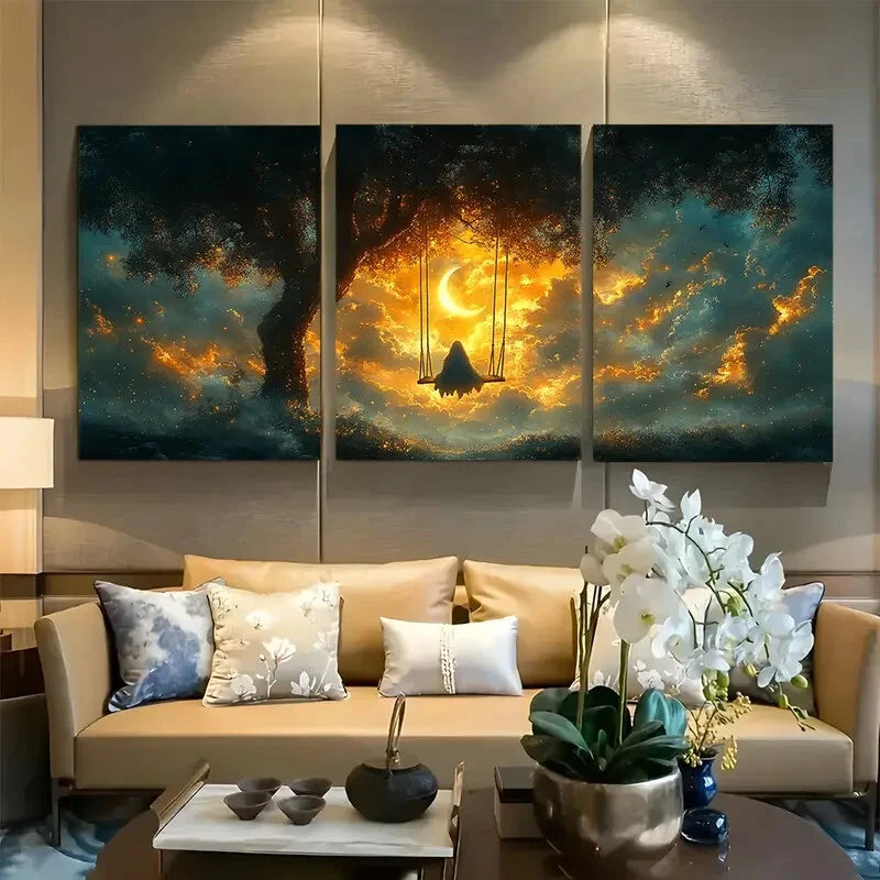 3pcs Surreal Dreamy on Swing with Crescent Moon Metal Print Ready to Hang Art
