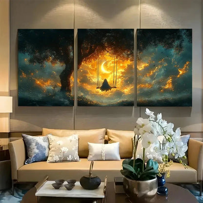 3pcs Surreal Dreamy on Swing with Crescent Moon Metal Print Ready to Hang Art