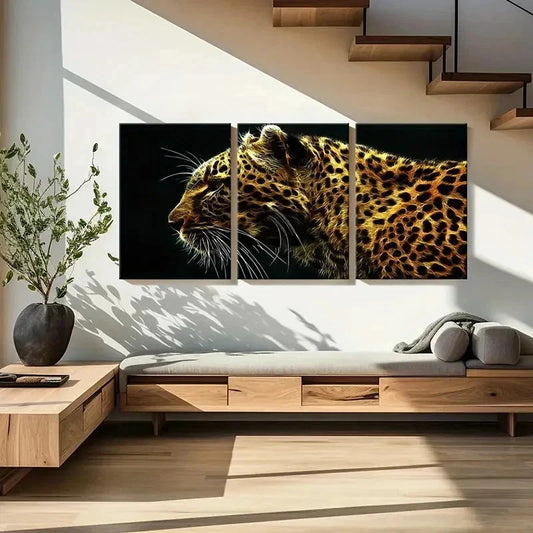 3pcs Leopard on a Black Background Wall Art Set Canvas Framed 40x60cm - High Quality Print 100% Australian Made Wall Canvas Ready to Hang