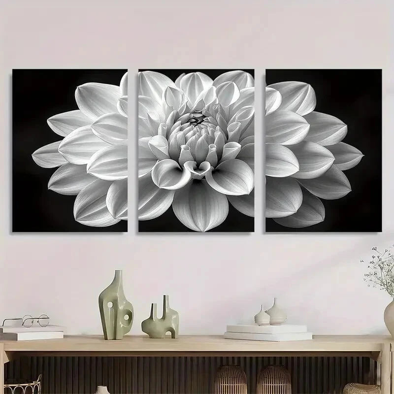 3pcs Elegant Dahlia Flower White & Gray Metal Print Ready to Hang Art