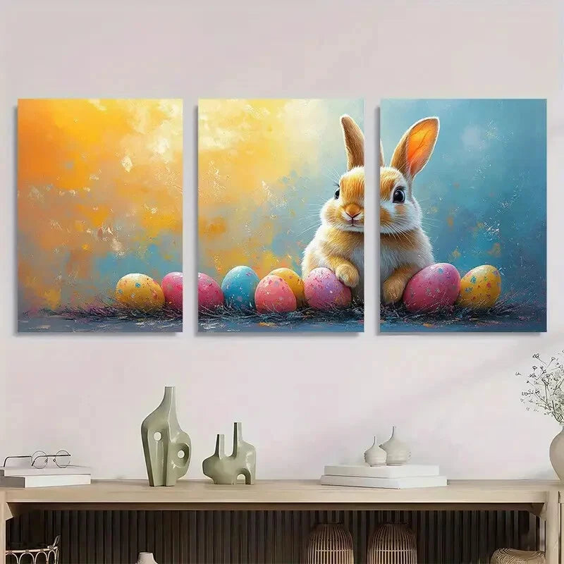 3pcs Vibrant Easter Bunny Colorful Floral & Egg Metal Print Ready to Hang Art