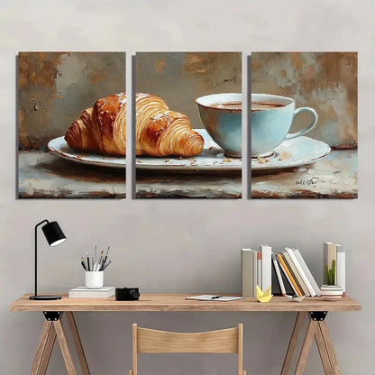 3pcs Still Life Croissant & Coffee Print Metal Print Ready to Hang Art