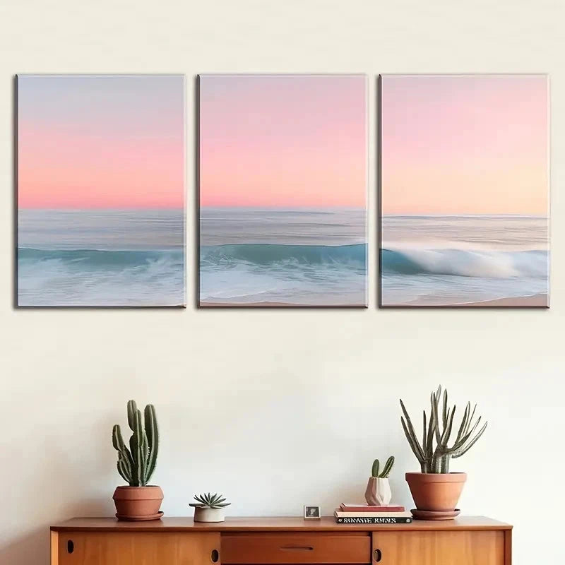 3pcs Beautiful Pink Ocean Landscapes Metal Print Ready to Hang Art