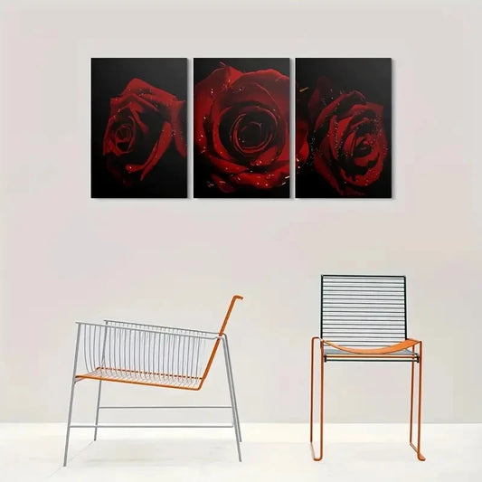 3pcs Modern Triptych Red Rose Metal Print Ready to Hang Art