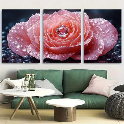 3pcs Elegant Pink Gemstone Jewelry Glamorous Rose Metal Print Ready to Hang Art