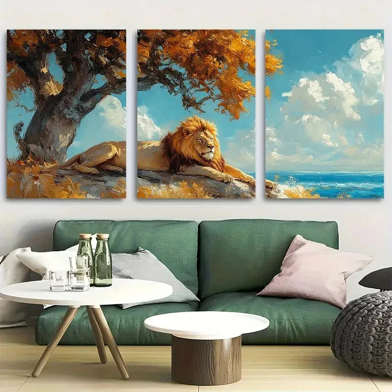 3pcs Lion Resting Under Tree Metal Print Ready to Hang Art