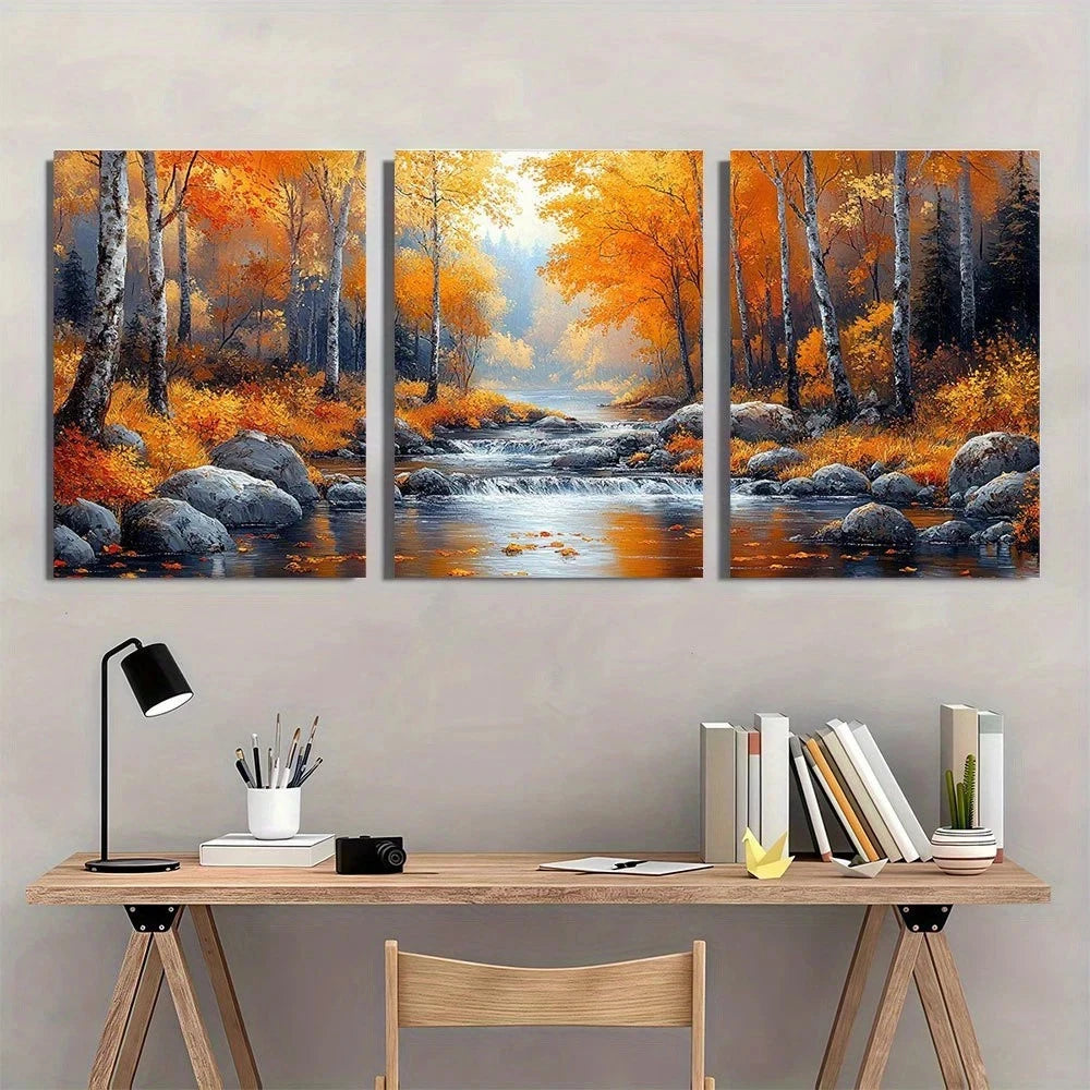 3pcs Autumn Scenery Vibrant Fall Leaves & River Metal Print Ready to Hang Art