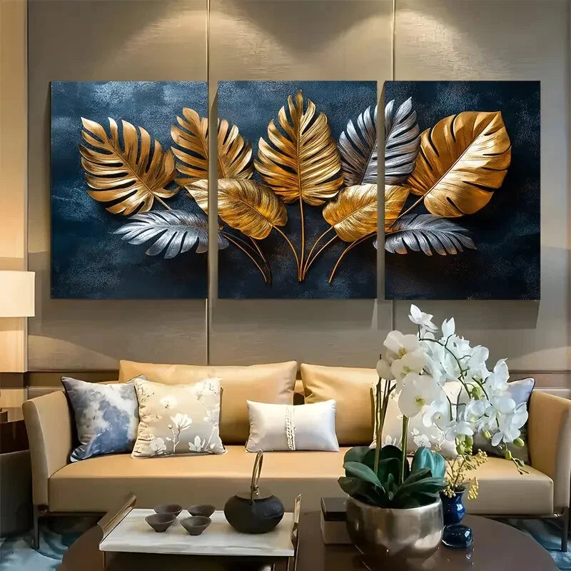 3pcs Golden Tropical Leaf Luxury Botanical Design Metal Print Ready to Hang Art