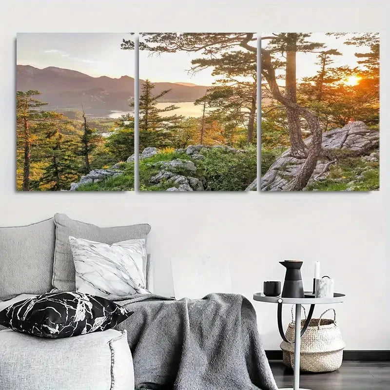 3pcs Sunset Over Mountain Forest Metal Print Ready to Hang Art