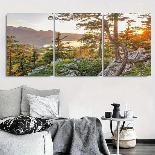 3pcs Sunset Over Mountain Forest Metal Print Ready to Hang Art