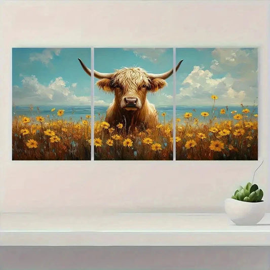 3pcs Rustic Highland Cow & Dandelions Decor Metal Print Ready to Hang Art