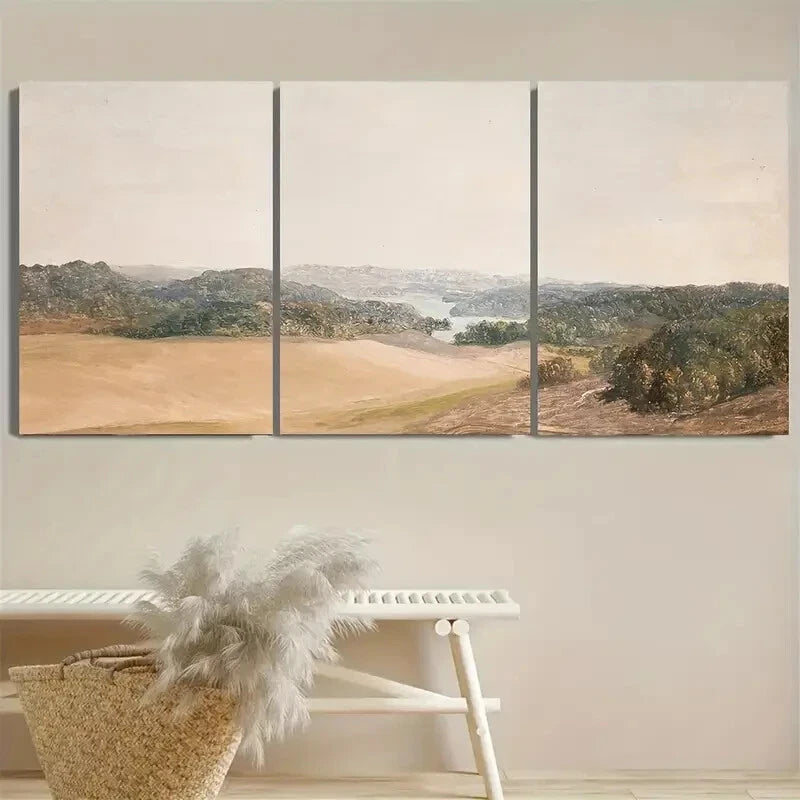 3pcs Vintage Landscape with Lake View Neutral Metal Print Ready to Hang Art