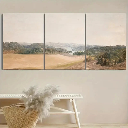 3pcs Vintage Landscape with Lake View Neutral Metal Print Ready to Hang Art