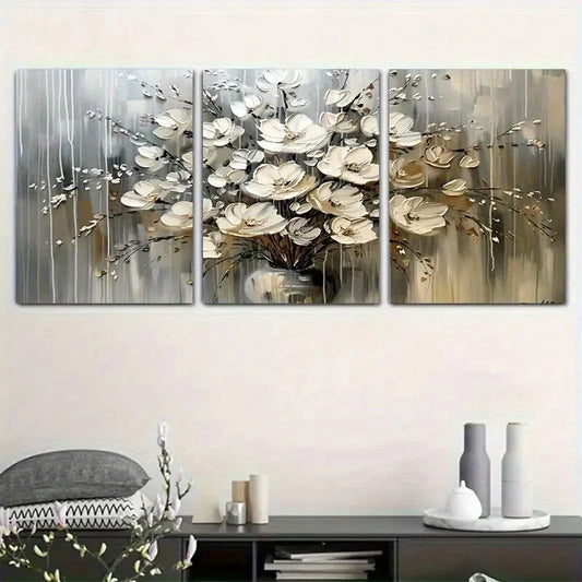 3pcs Fabric Painting Silvery Floral Metal Print Ready to Hang Art