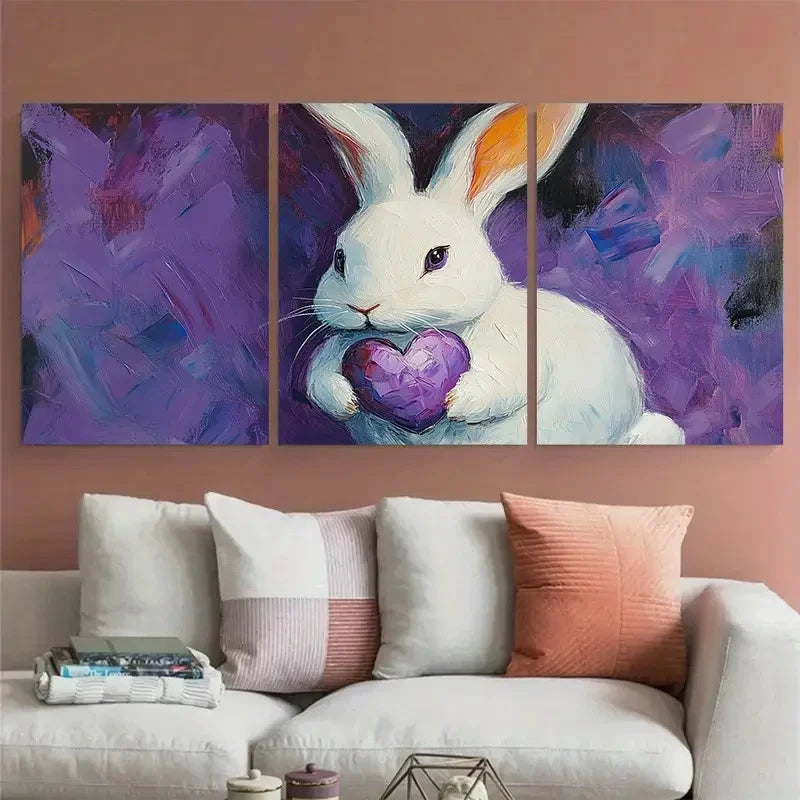 3pcs White Bunny Holding Purple Heart Illustration Metal Print Ready to Hang Art
