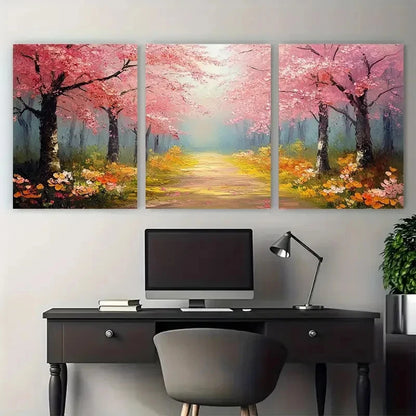3pcs Park Path with Wildflower Cherry Blossom Tree Metal Print Ready to Hang Art