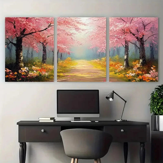 3pcs Park Path with Wildflower Cherry Blossom Tree Metal Print Ready to Hang Art