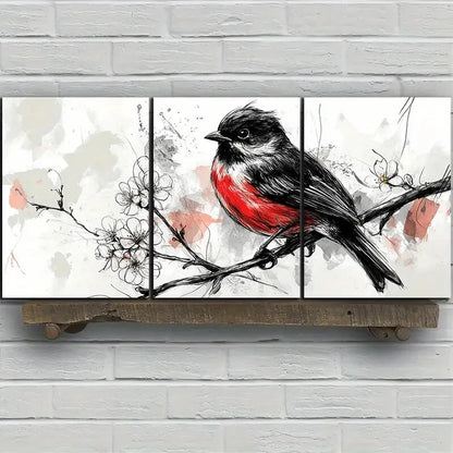 3pcs Birds on Plum Blossom Branches Black & White Metal Print Ready to Hang Art