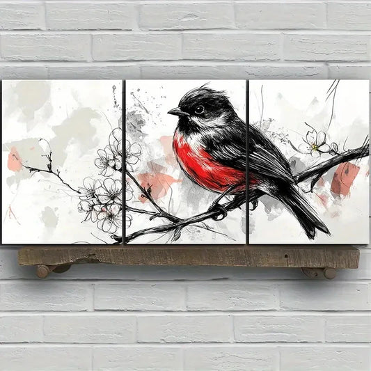 3pcs Birds on Plum Blossom Branches Black & White Metal Print Ready to Hang Art