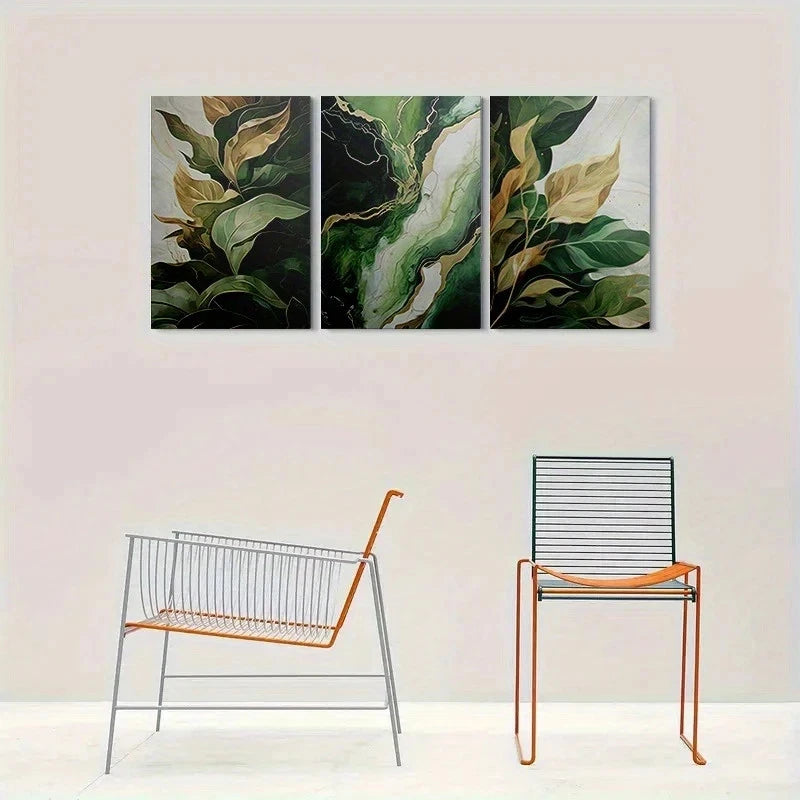 3pcs Modern Green Leaf Painting Abstract Metal Print Ready to Hang Art
