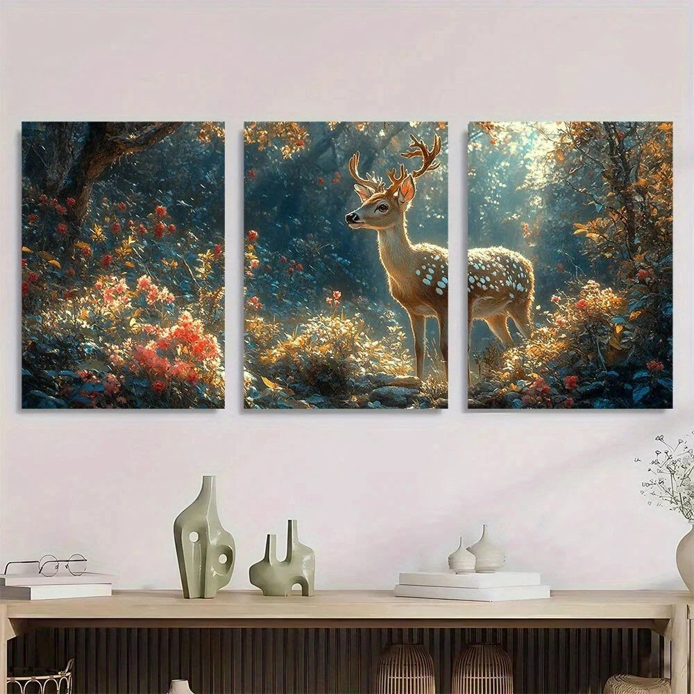 3pcs Animal Aesthetic Deer Forest Metal Print Ready to Hang Art