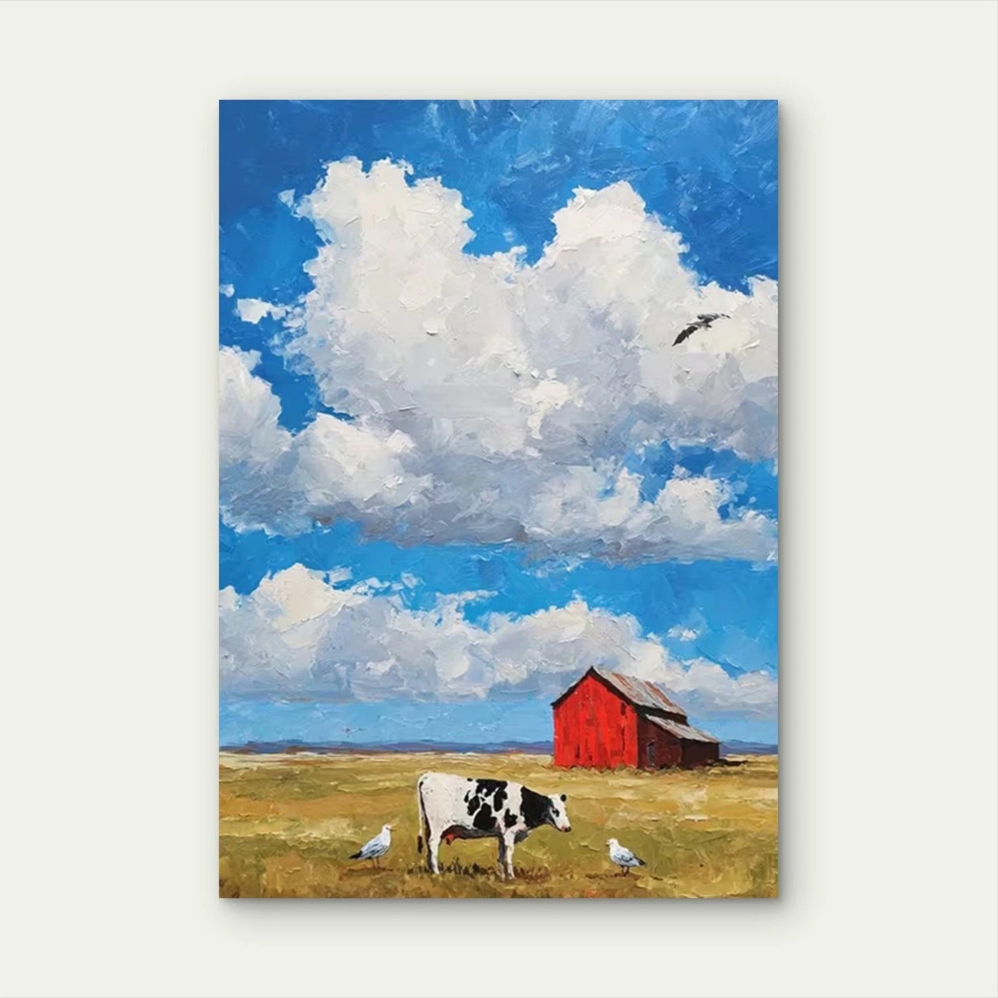 , Cloudy Blue Sky, White Birds, Red Barn Metal Print Ready to Hang