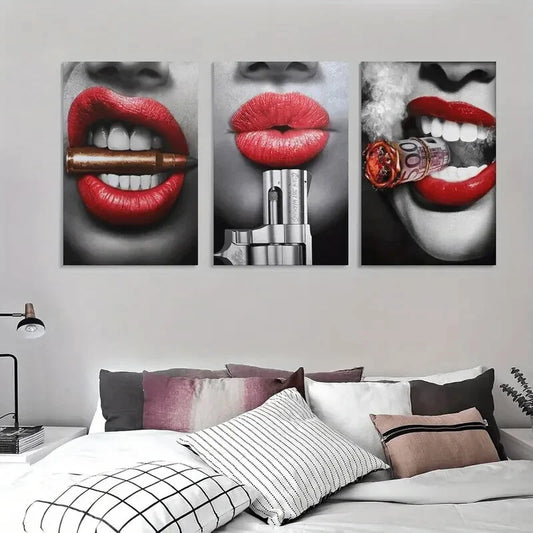 3pcs Red Lips with Cigarette & Lipstick Metal Print Ready to Hang Art