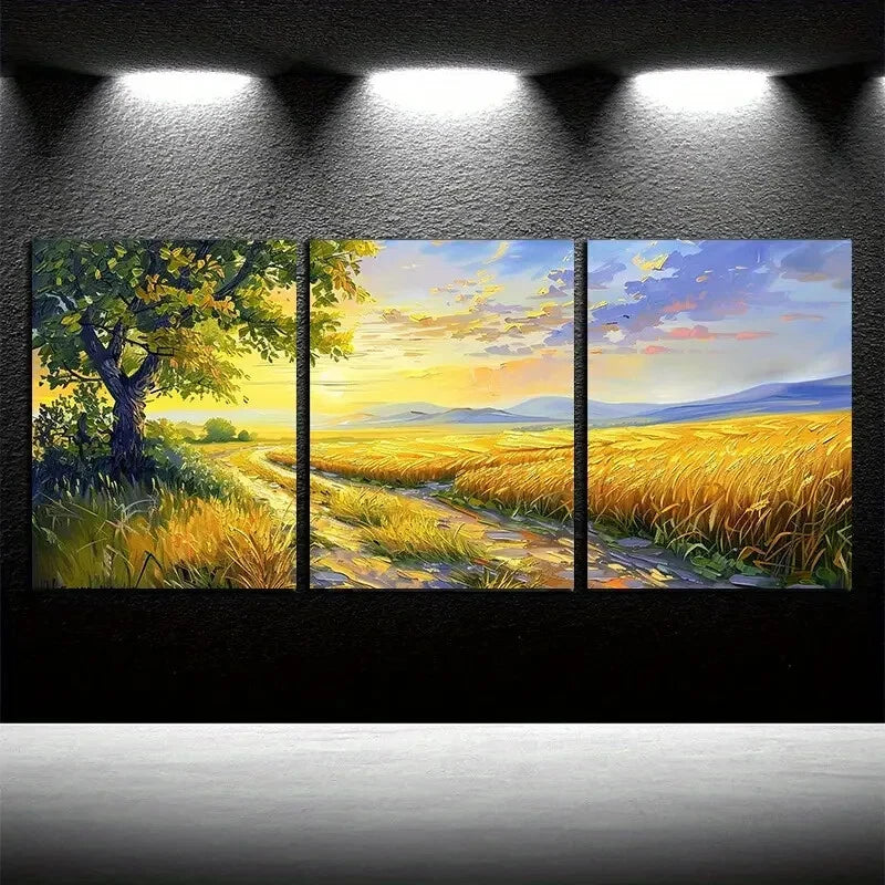 3pcs Vibrant Pastoral Field with Pathway Scene Metal Print Ready to Hang Art