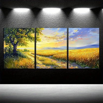 3pcs Vibrant Pastoral Field with Pathway Scene Metal Print Ready to Hang Art