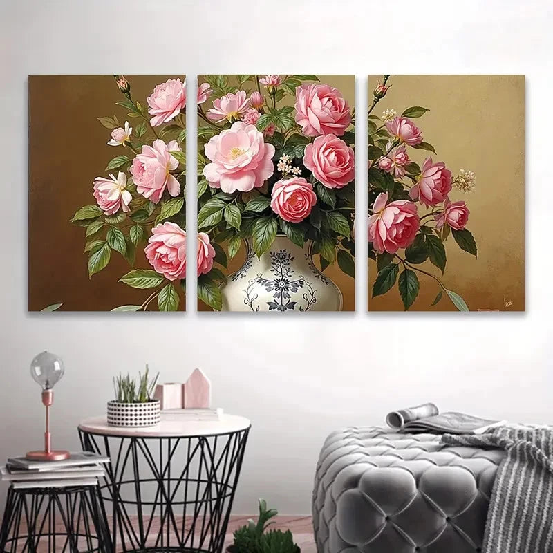 3pcs Pink Rose Floral Painting Wall Art Set Canvas Framed 50x70cm - High Quality Print 100% Australian Made Wall Canvas Ready to Hang