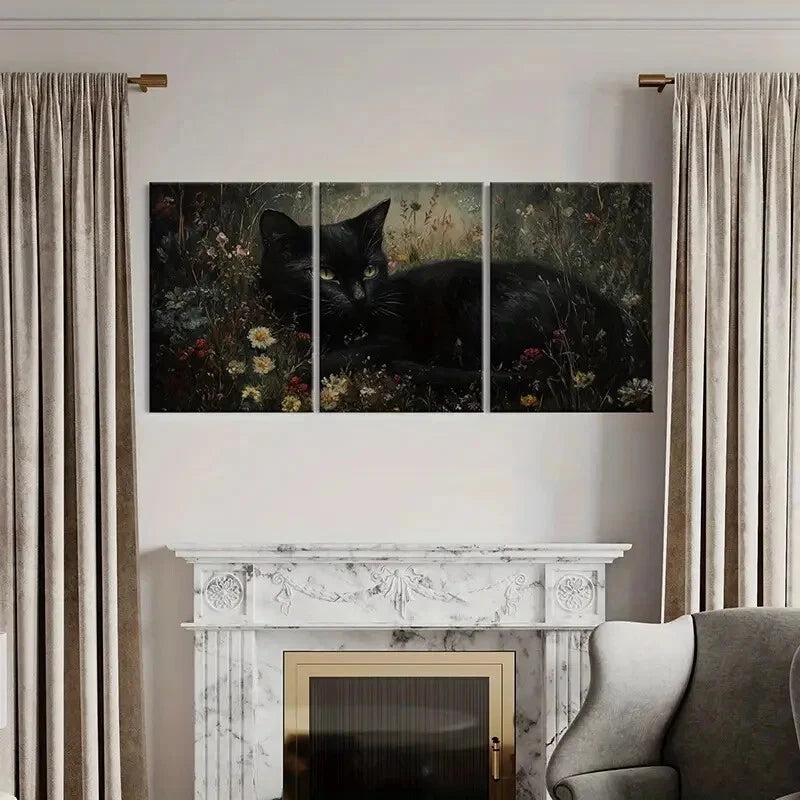 3pcs Elegant Black Cat Floral Garden Metal Print Ready to Hang Art