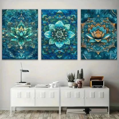 3pcs Symmetrical Floral & Geometric Patterns Metal Print Ready to Hang Art