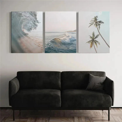 3pcs Modern Pastel Beach Surf & Palm Tree Metal Print Ready to Hang Art