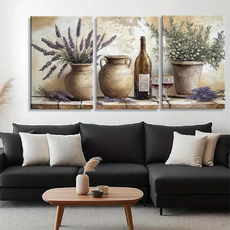 3pcs Lavender & Wine Bottles in Earthen Pots Metal Print Ready to Hang Art