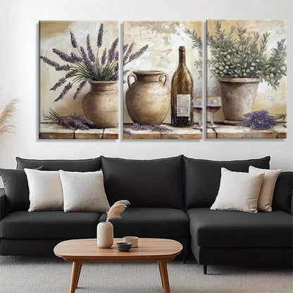 3pcs Lavender & Wine Bottles in Earthen Pots Metal Print Ready to Hang Art