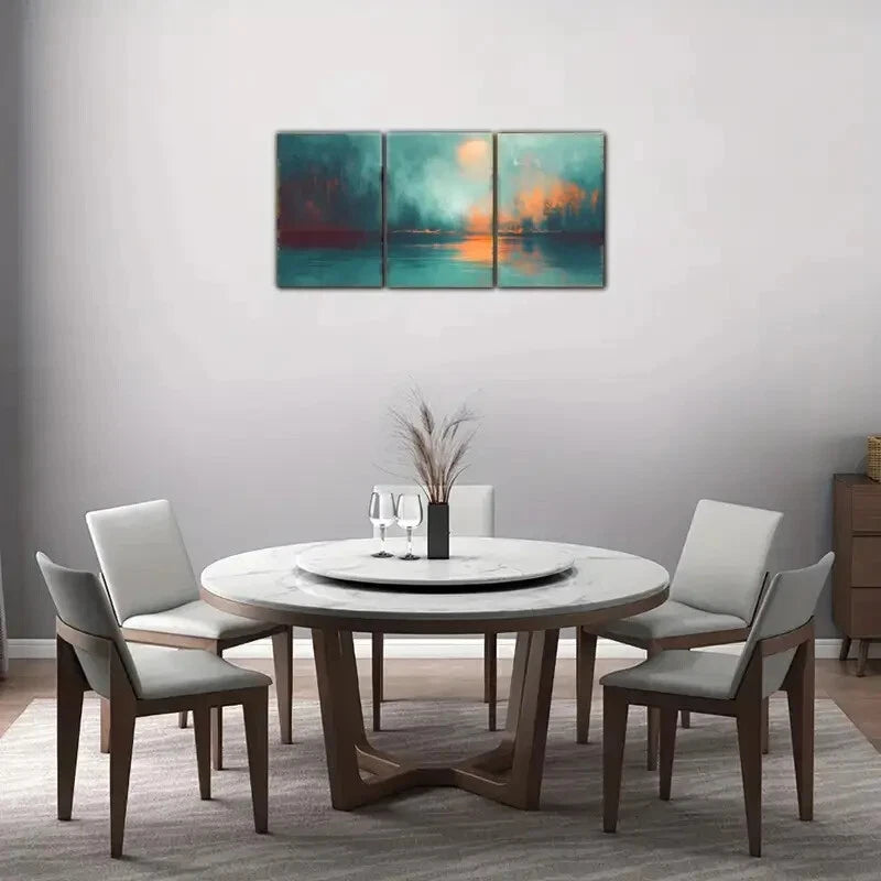 3pcs Blue Green Sunset Lake Misty Forest Print Metal Print Ready to Hang Art