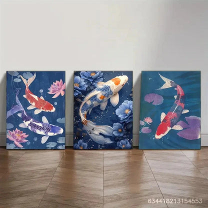 3pcs Fish in the Lotus Pond Ornamental Fish Metal Print Ready to Hang Art