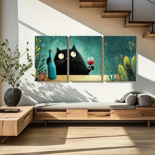 3pcs Artistic Cat Holding Wine Bottle Metal Print Ready to Hang Art
