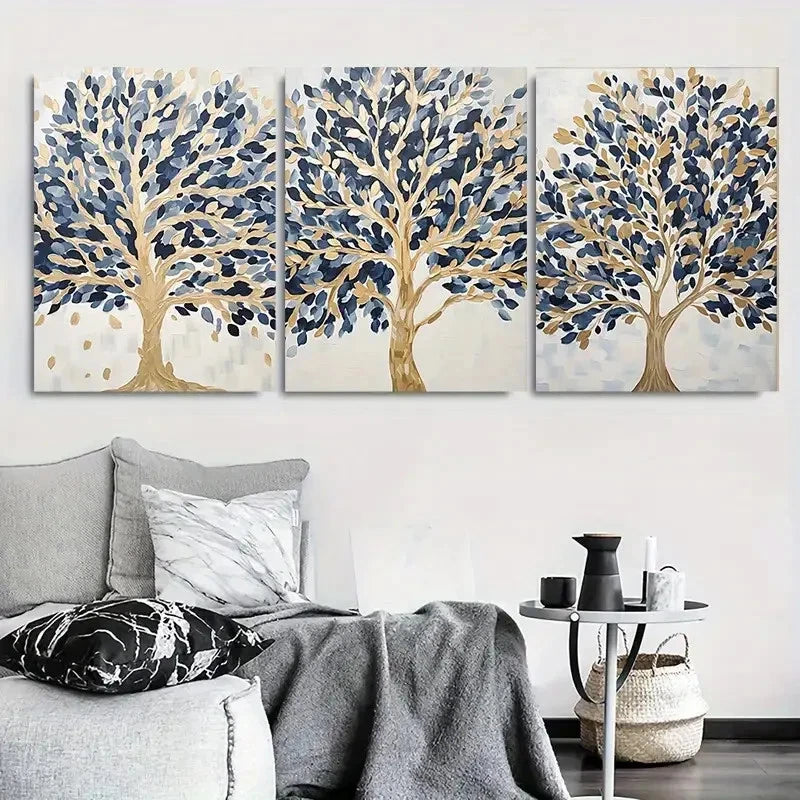 3pcs Abstract Blue Golden Tree Metal Print Ready to Hang Art
