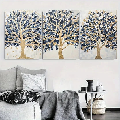 3pcs Abstract Blue Golden Tree Metal Print Ready to Hang Art