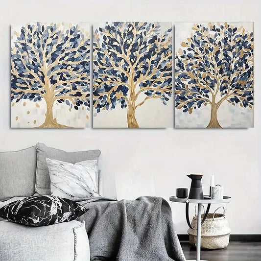 3pcs Abstract Blue Golden Tree Metal Print Ready to Hang Art