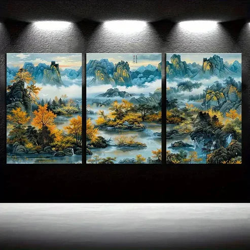 3pcs Chinese Style Landscape Painting Canvas Framed 60x90 cm - High Quality Print 100% Australian Made Wall Canvas Ready to Hang