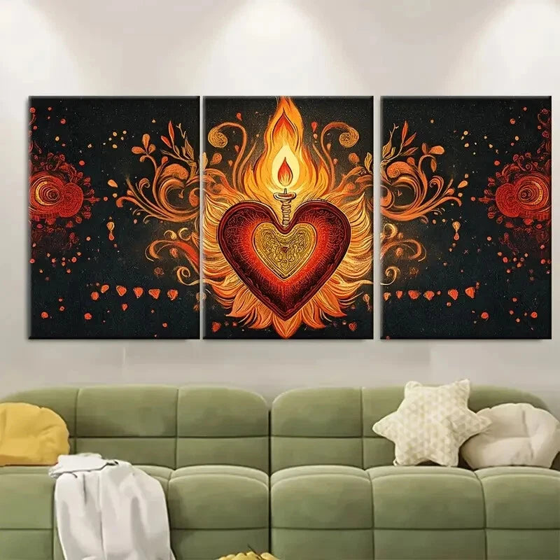 3pcs Sacred Heart Red & Golden Folk Wall Art Metal Print Ready to Hang Art