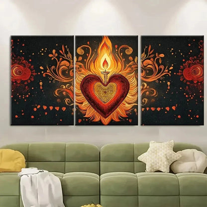 3pcs Sacred Heart Red & Golden Folk Wall Art Metal Print Ready to Hang Art