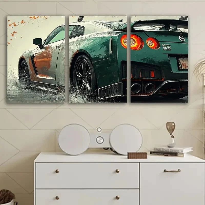 3pcs Green R35 GT-R Sport Car Abstract Wall Art Set Canvas Framed 40x60cm - High Quality Print 100% Australian Made Wall Canvas Ready to Hang