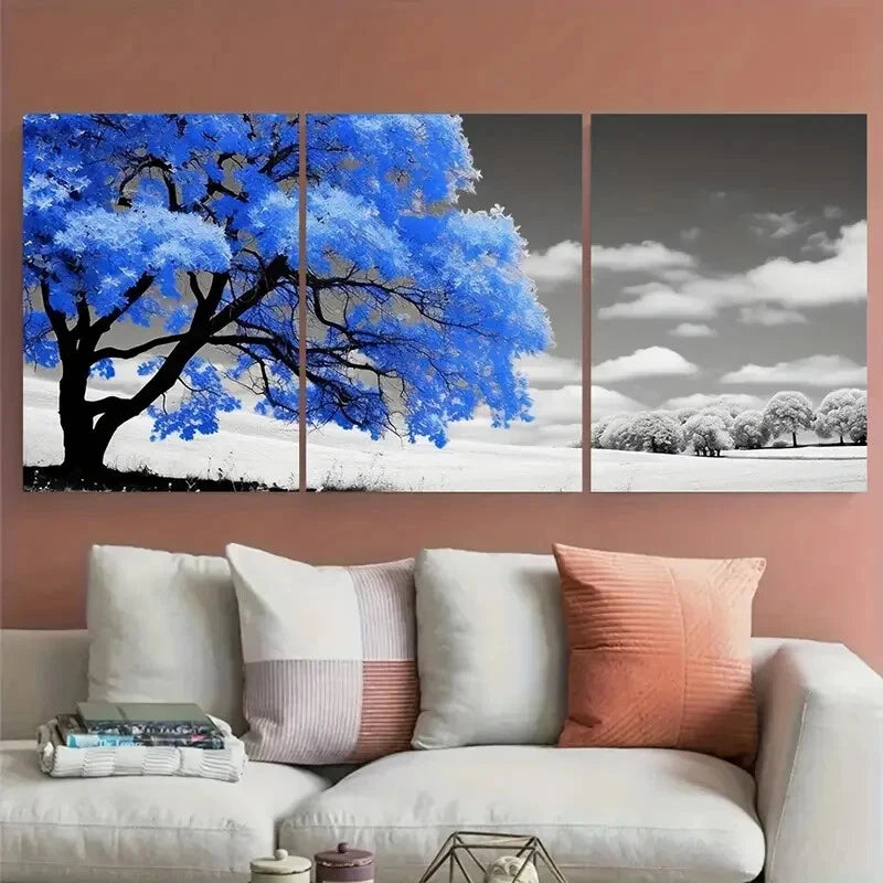 3pcs Blue Blossom Tree Nature Illustration Metal Print Ready to Hang Art