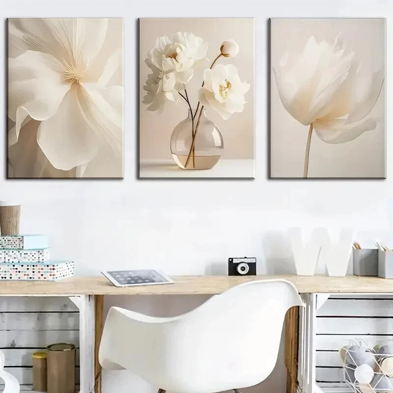 3pcs Modern Aesthetic Beige Floral Pure Flowers Metal Print Ready to Hang Art
