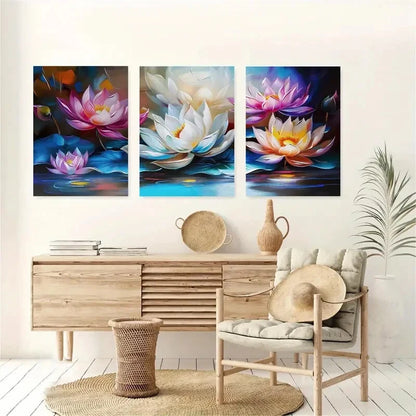 3pcs Botanical Vibrant Lotus Flower Perfect Wall Art Set Canvas Framed 40x60cm - High Quality Print 100% Australian Made Wall Canvas Ready to Hang