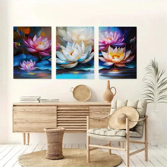 3pcs Botanical Vibrant Lotus Flower Perfect Wall Art Set Canvas Framed 40x60cm - High Quality Print 100% Australian Made Wall Canvas Ready to Hang